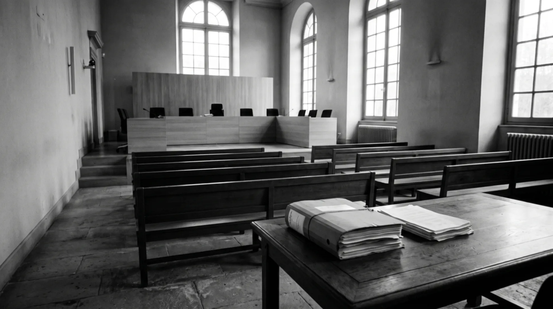 Salle d'audience d'un tribunal administratif avec un dossier de recours
