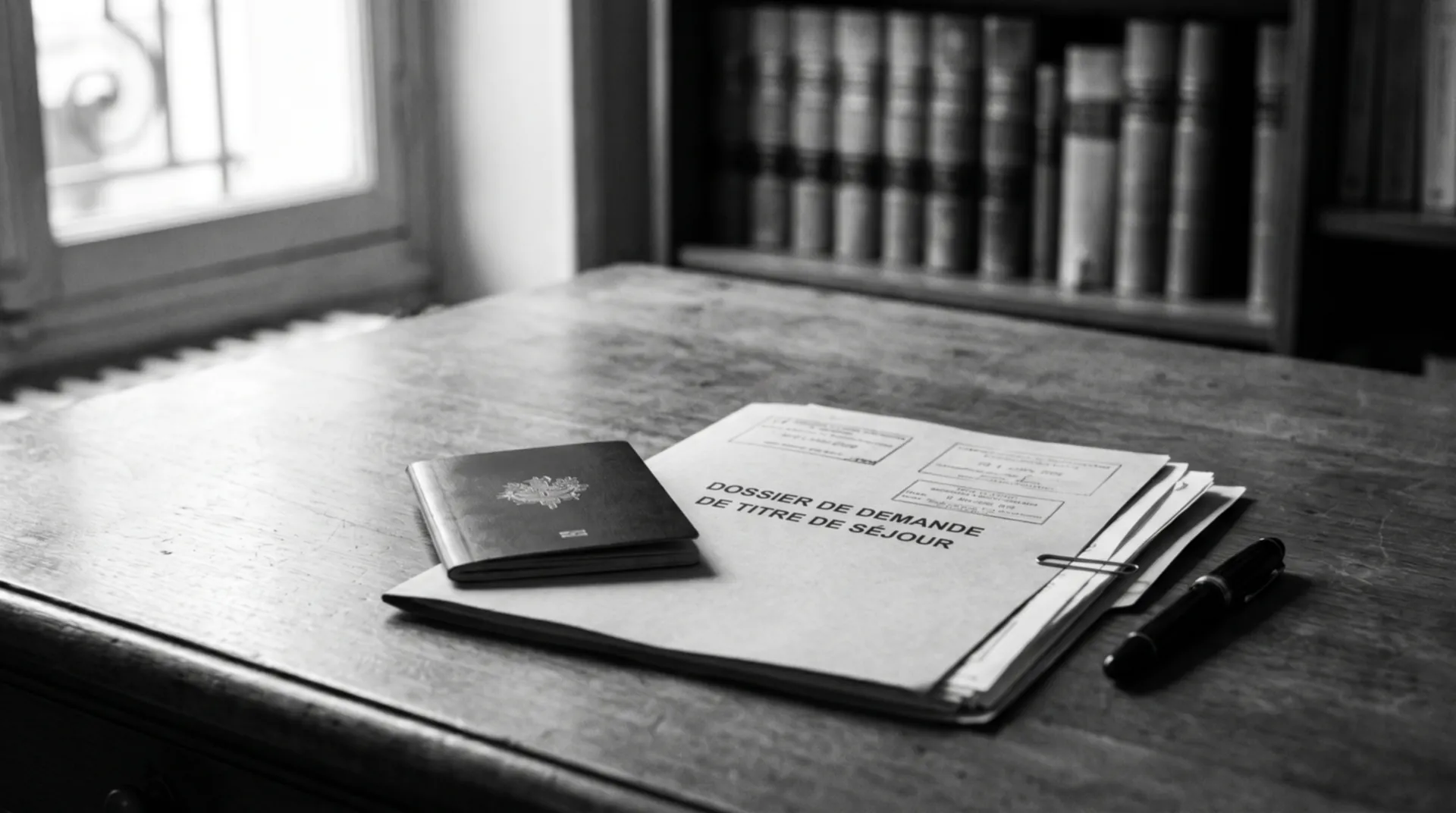 Passeport et dossier de demande de titre de séjour sur le bureau de l'avocate