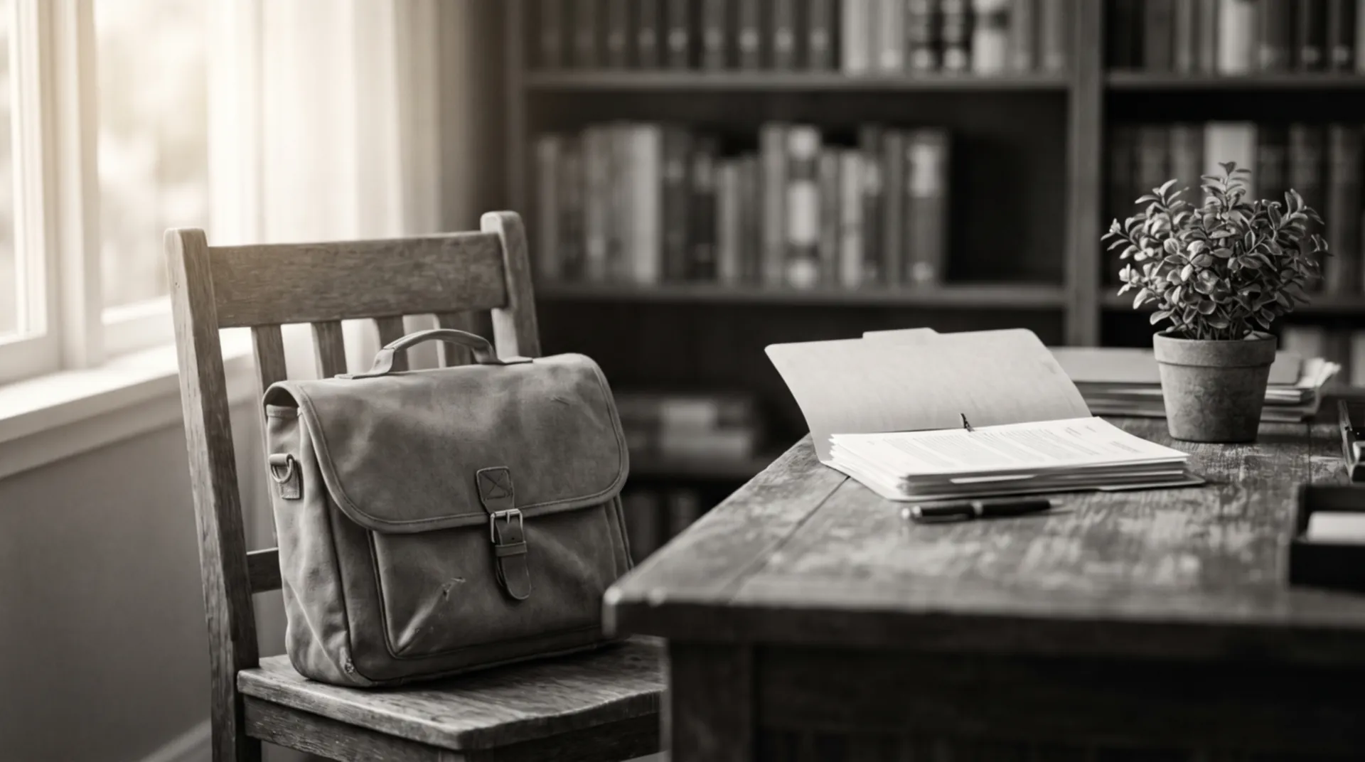 Cartable d'écolier posé sur une chaise dans le bureau de l'avocate