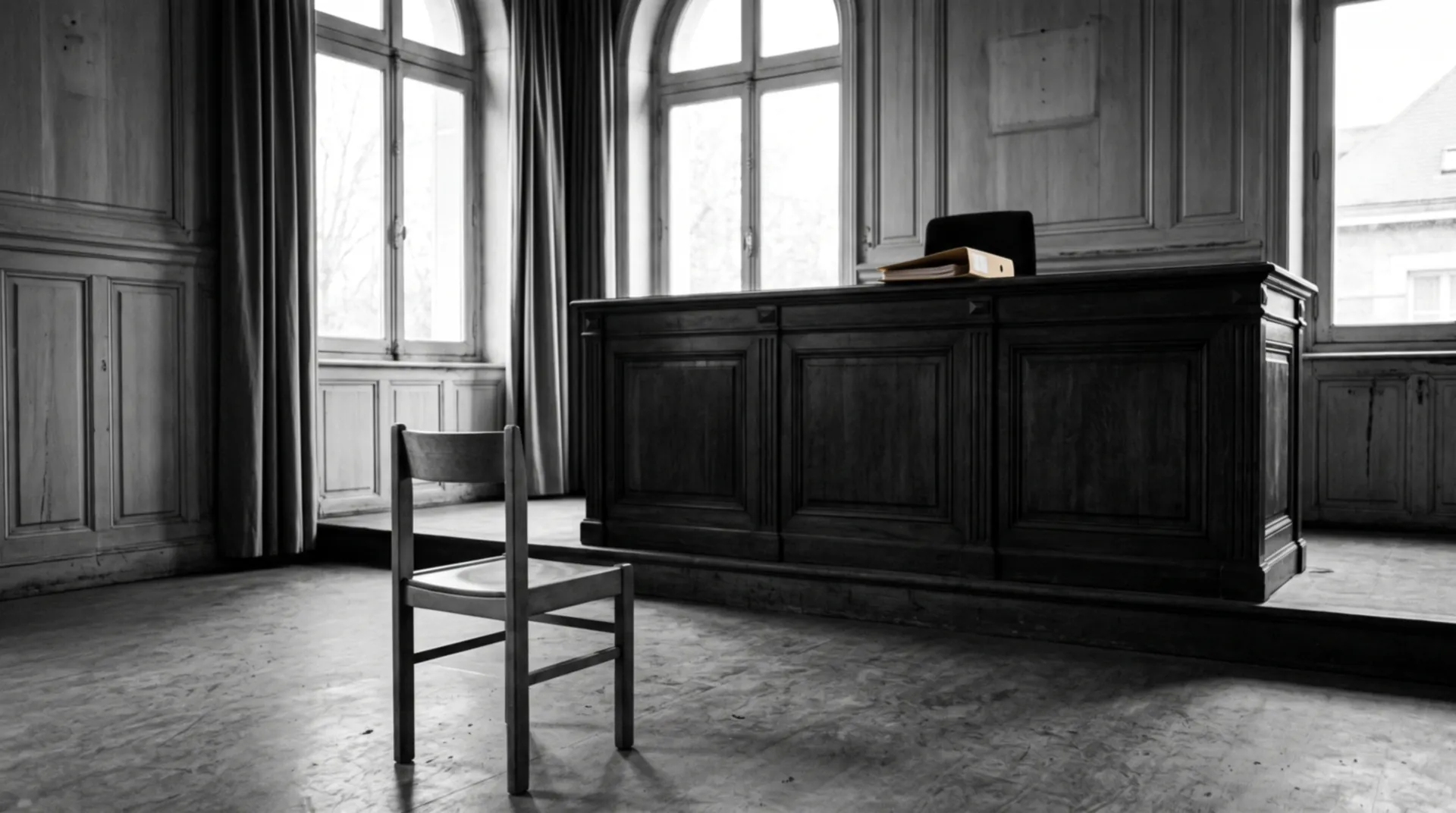Salle d'audience du tribunal pour enfants avec une chaise face au juge